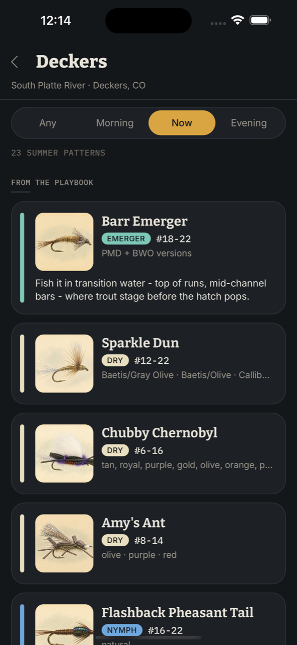 The Deckers fly box filtered to now: 23 summer patterns with type, sizes, and colors