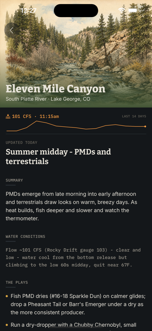 Eleven Mile Canyon playbook: live flow sparkline above a dated summer midday plan